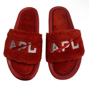 NEW APL Red Shearling Fur Silver Logo Slides Size 6